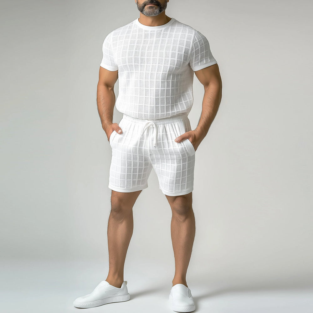 Men's Grid Textured Short Sleeve T-Shirt & Drawstring Shorts 2Pcs Set 9953097973944