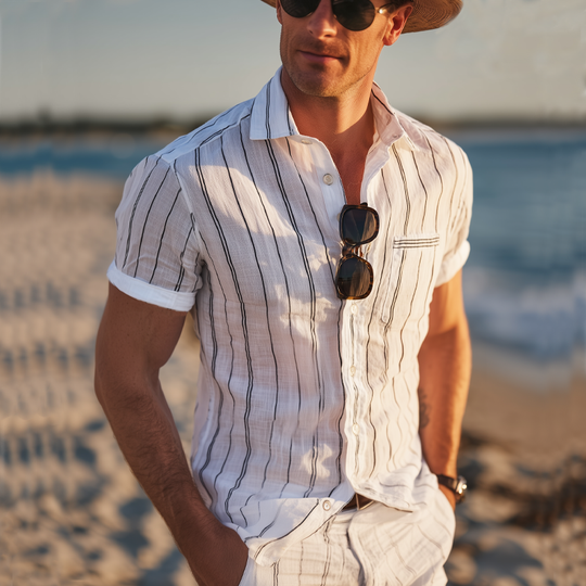 Men's Casual Vertical Striped Cotton Short Sleeve Shirt DTT25071415