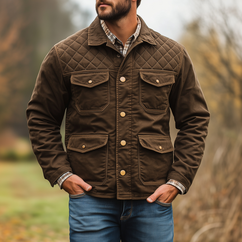 Men's Vintage Solid Color Cotton Washed Distressed Lapel Single-breasted Multi-pocket Loose Work Jacket DTT25082204