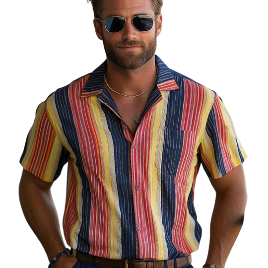 Men's Summer Classic Colorblock Striped Short Sleeve Shirt DTT25062301