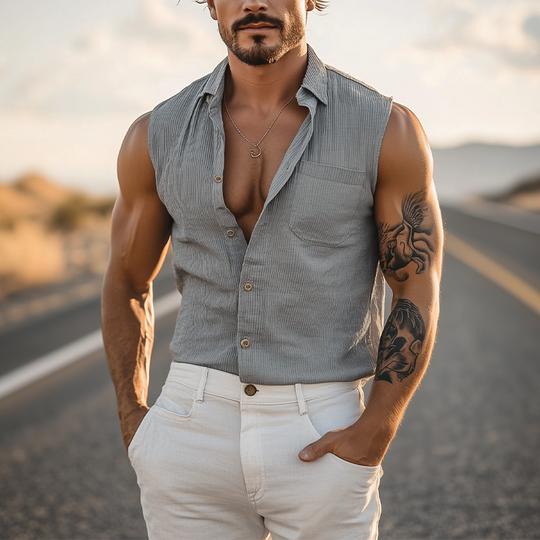 Men's Classic Casual American Retro Tough Guy Style Knitted Striped Slim Sleeveless Shirt DDT25052820