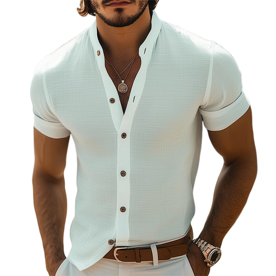 Men's Summer Basic Stand Collar Textured Short Sleeve Shirt DTT25061601