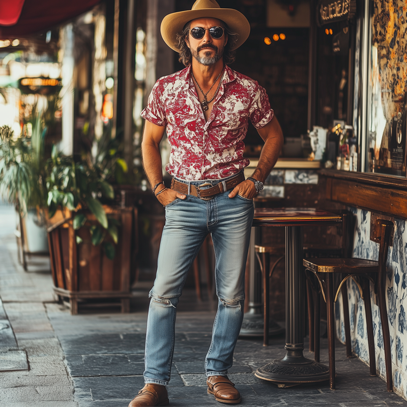 Men's Western Cowboy Style Vintage Ripped Distressed Slim Fit Jeans DTT25061607