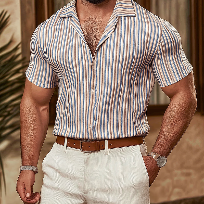 Men's Summer Fashion Striped Knitted Short Sleeve Shirt DTT25072801