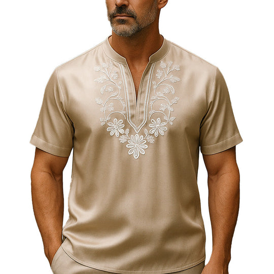 Men's Summer Fashion Simple Satin Embroidery Short Sleeve Shirt DDT25052807