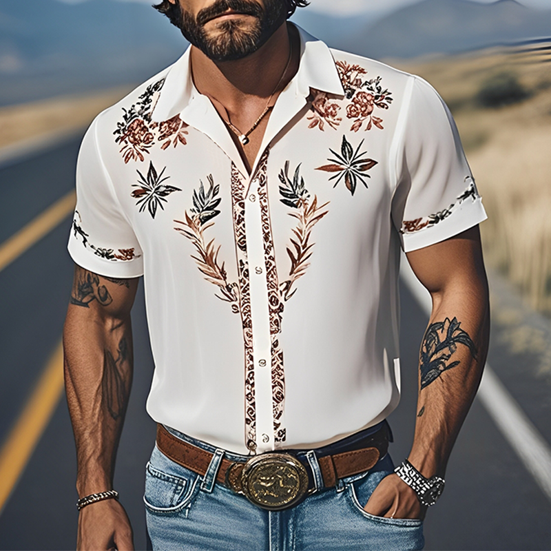 Men's Spring And Summer Fashion Casual Western Cowboy Style Light Chiffon Fabric Printed Short-sleeved Shirt DTT25060614