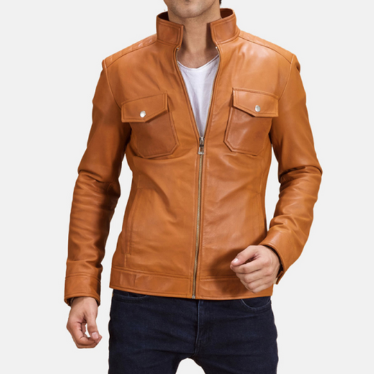Men's Classic Casual Stand Collar Pocket Leather Jacket 9899735515320