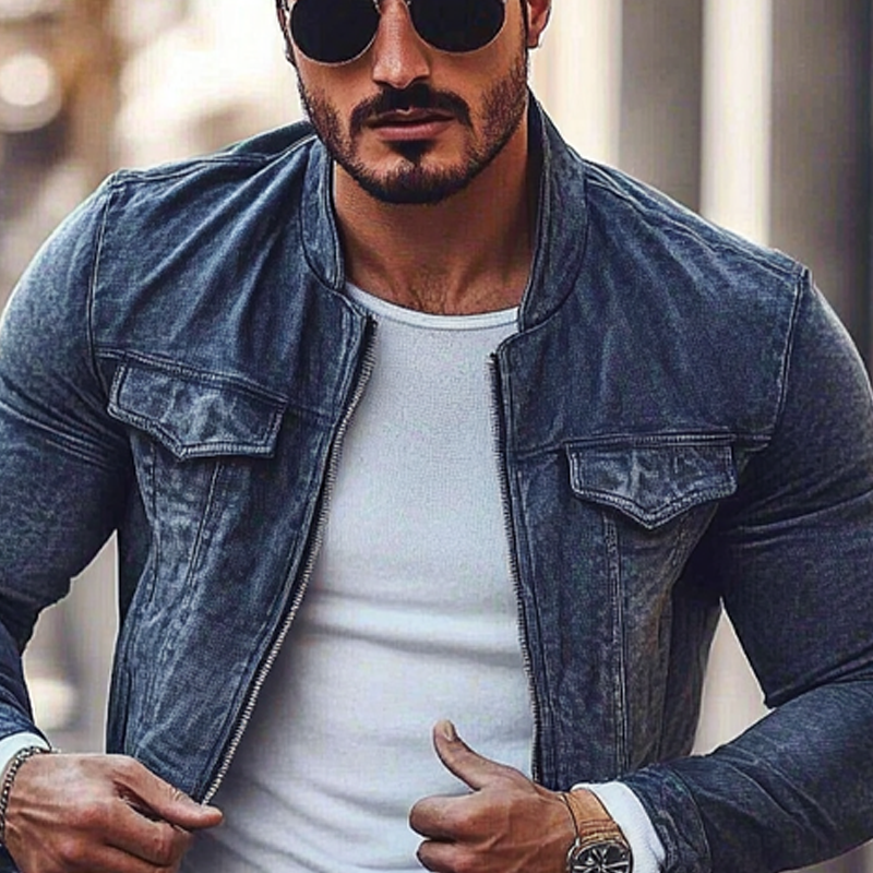 Men's Stylish Motorcycle Washed Stand Collar Zipper Denim Jacket DTT25080109