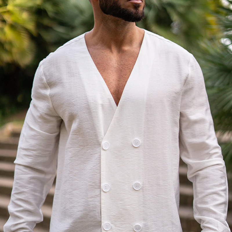 Men's Fashion Casual Tencel Cotton V-neck Double Breasted Long Sleeve Shirt DTT25071701
