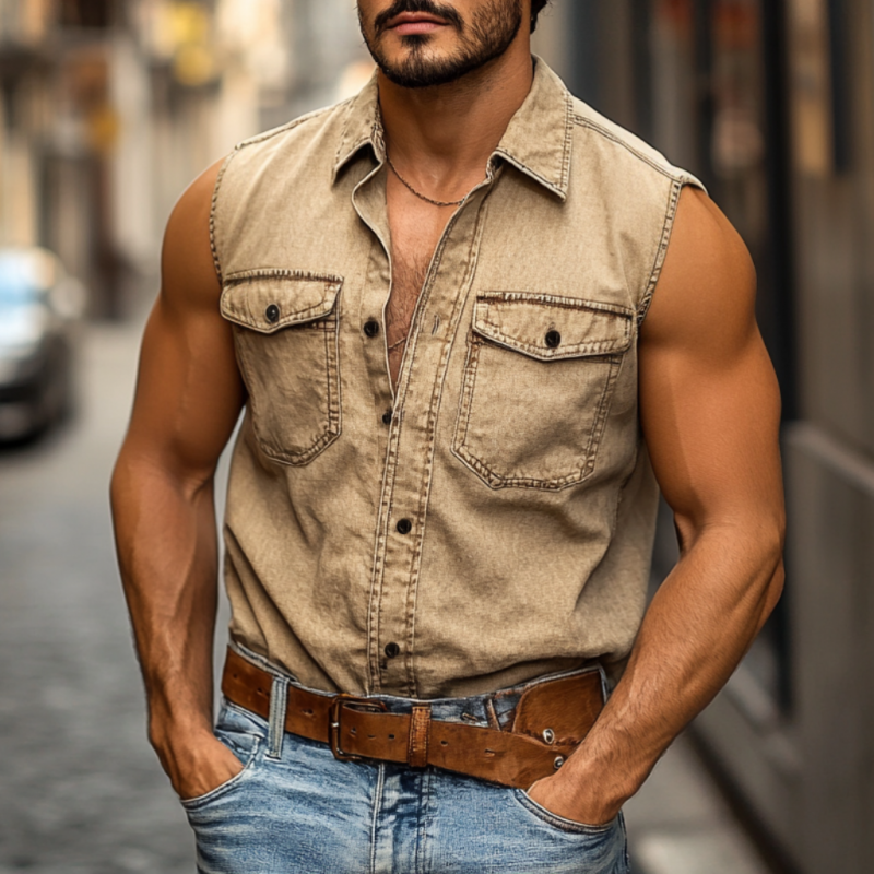 Men's Vintage Distressed Washed Cotton Lapel Chest Pocket Slim Fit Sleeveless Shirt DTT25060413