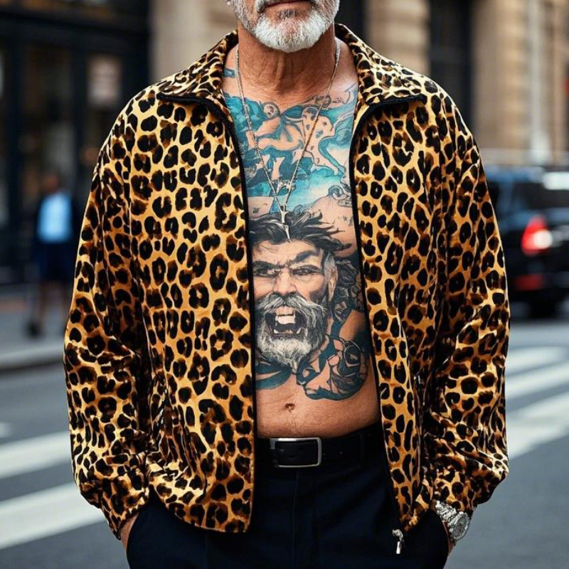 Men's Lightweight Casual Lapel Leopard Print Zip-Up Jacket 9903595815096