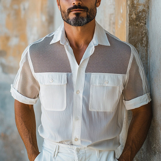 Men's Solid Color Stitching Multi-Pocket Short-Sleeved Shirt DTT25053023