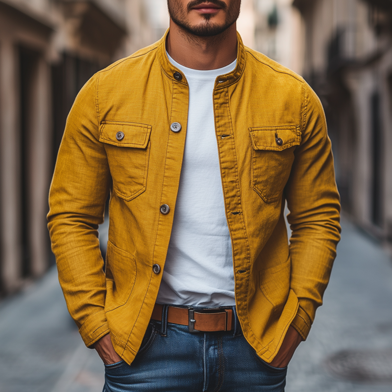 Men's Casual Breathable Solid Color Cotton Stand Collar Single Breasted Multi-pocket Cargo Jacket DTT25070815