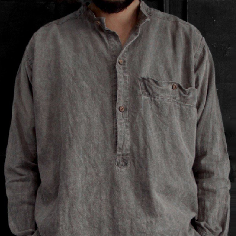 Men's Fashion Washed Distressed Stand Collar Long Sleeve Loose Shirt DTT25072220