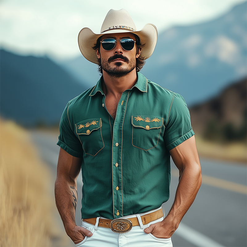 Men's Casual American Western Tough Style Cotton Blend Embroidered Slim Short Sleeve Shirt DTT25061719