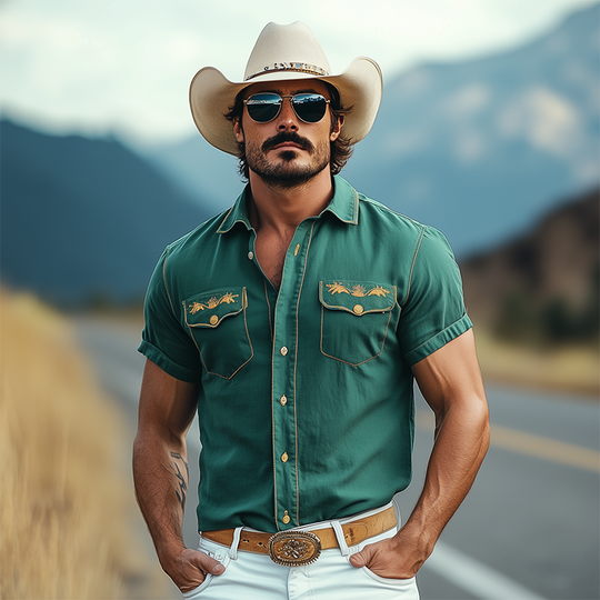 Men's Casual American Western Tough Style Cotton Blend Embroidered Slim Short Sleeve Shirt DTT25061719