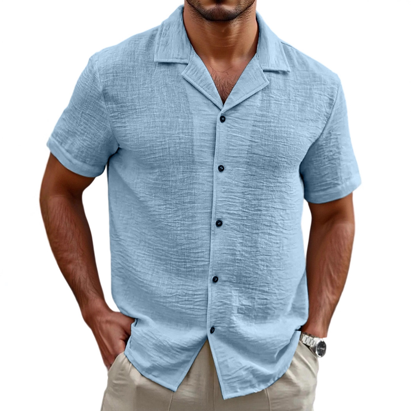 Men's Holiday Casual Cotton And Linen Solid Color Short-sleeved Shirt DTT25071805