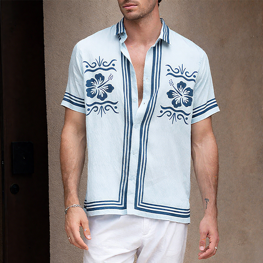 Men's Summer Casual Tencel Cotton Floral Print Lapel Short Sleeve Shirt DTT25070303