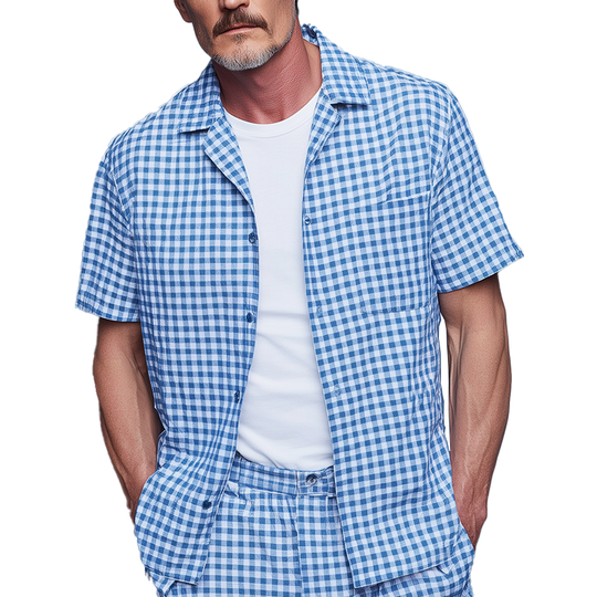 Men's Summer Fashion Plaid Cotton And Linen Short Sleeve Shirt DTT25070213