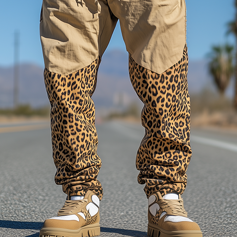 Men's Spring And Summer Casual Western Cowboy Style Cotton And Linen Splicing Leopard Print Elastic Waist Cuff Pants DTT25060610