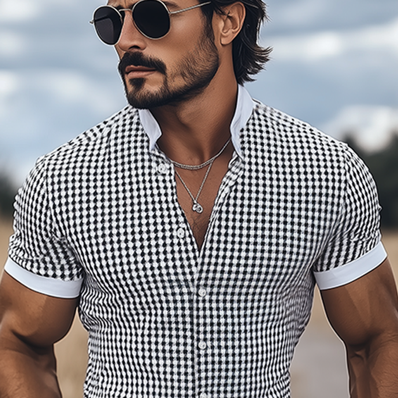 Men's Spring And Summer Fashion Casual Houndstooth Print Stitching Stretch Cotton Blend Stand Collar Slim Short Sleeve Shirt DTT25060607