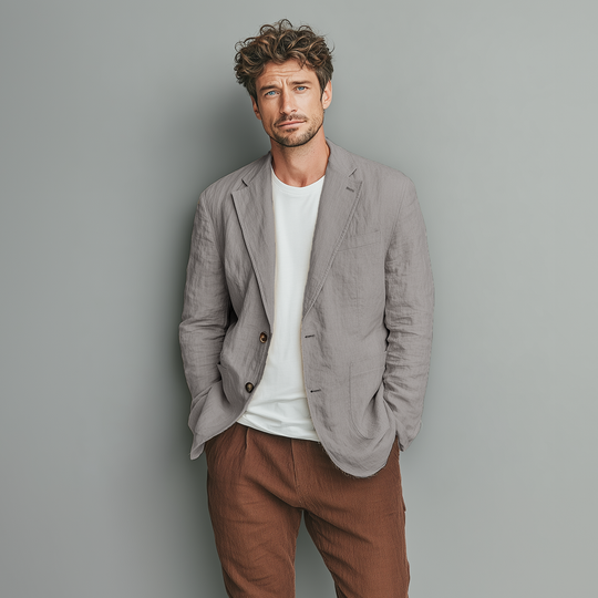 Men's Classic Casual Cotton And Linen Solid Color Single-breasted Two-button Blazer DTT25073019