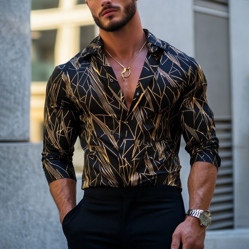 Men's Gold Geometric Print Lapel Long Sleeve Shirt DTT25062023