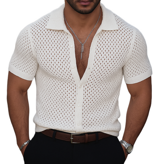 Men's Solid Hollow Knit Lapel Short Sleeve Shirt DTT25062407