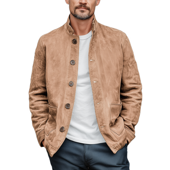 Men's Retro Casual Thin Suede Wooden Button Stand Collar Jacket DTT25080117