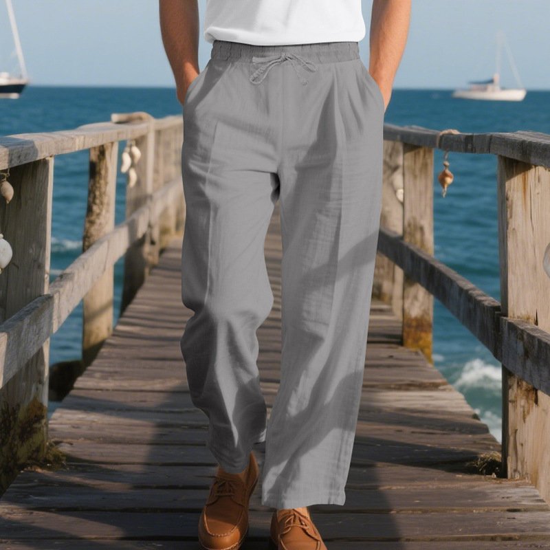Men's Cotton And Linen Solid Color Elastic Waist Casual Pants DTT25072814