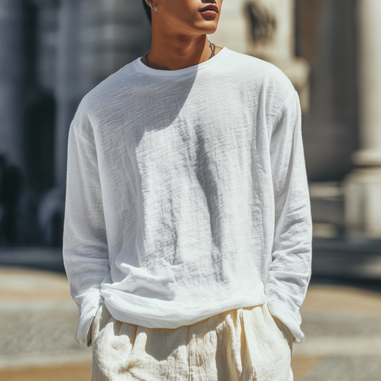 Men's Casual Breathable Soft Cotton Round Neck Loose Long Sleeve T-shirt DTT25071113