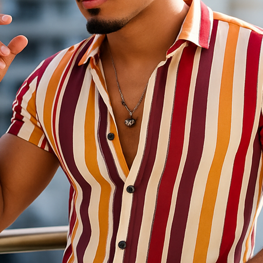 Men's Summer Classic Color Vertical Striped Short Sleeve Shirt DTT25061014