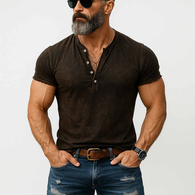 Men's Summer Fashion Distressed Printed Polyester Blended Short Sleeve Henley Shirt DTT25062015