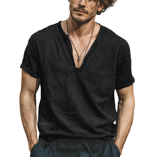 Men's Linen Blend V-Neck Short Sleeve T-Shirt DTT25070313