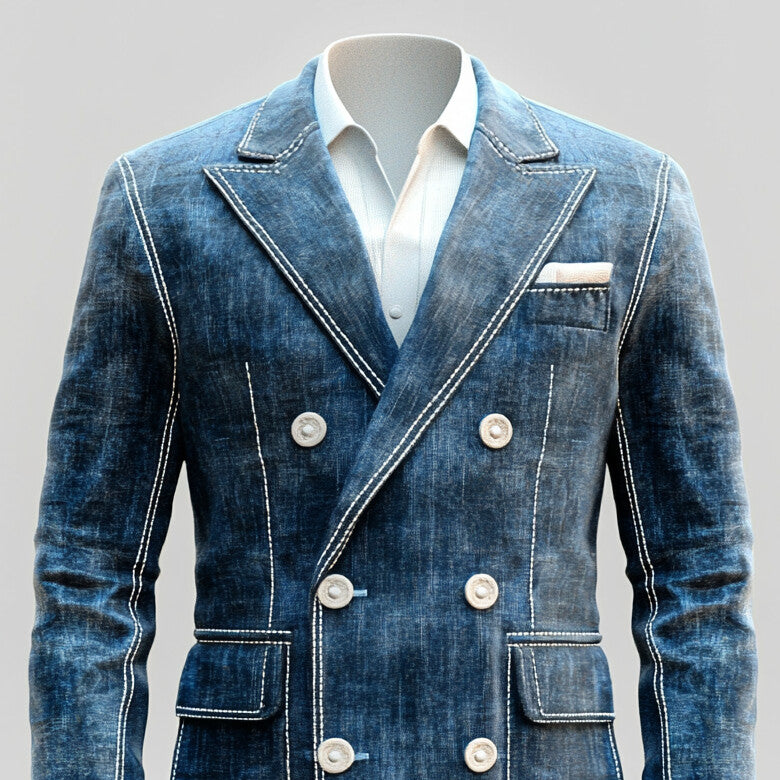 Men's Peak Lapel Double Breasted Denim Contrast Stitch Blazer 9951401181368