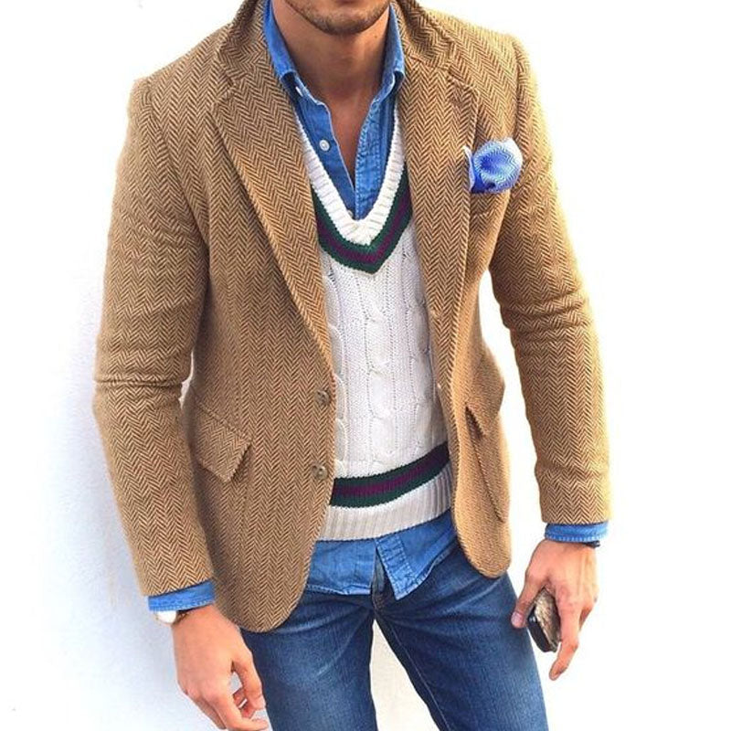 Men's Vintage Herringbone Wool Blend Lapel Single Breasted Blazer DTT25082005