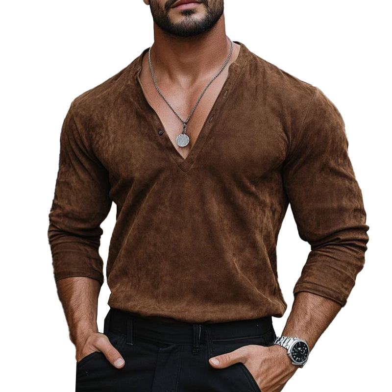 Men's Vintage Solid Suede V-Neck Long Sleeve T-Shirt 9892050600120