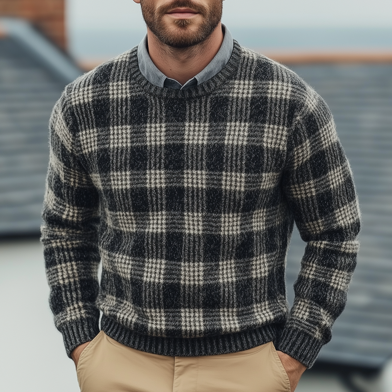Men's Fashion Checked Round Neck Long Sleeve Knit Sweater 9890060665016