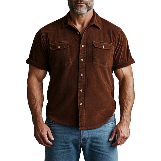 Men's Turndown Collar Button Corduroy Short Sleeve Shirt 9903588049080