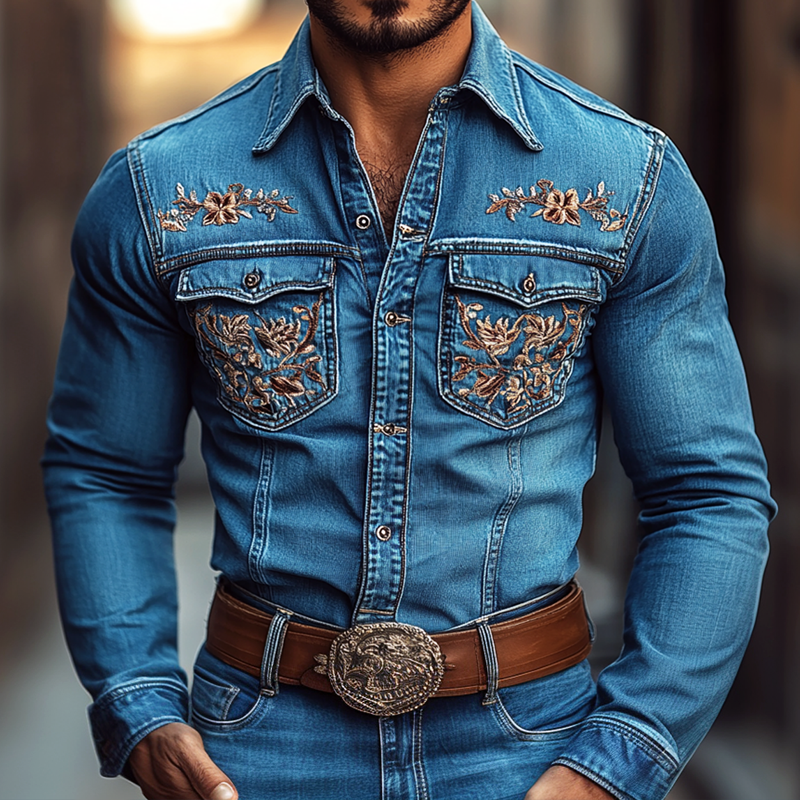 Men's Western Cowboy Style Embroidered Lapel Chest Pocket Long Sleeve Denim Shirt 9903594275000