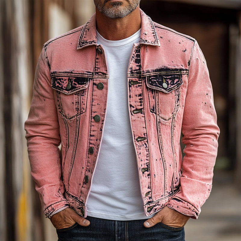 Men's Vintage Pink Tie Dye Slim Fit Denim Jacket 9911548018872