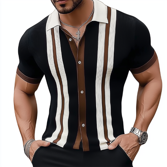 Men's Business Slim Fit Colorblock Knitted Button Short Sleeve Shirt DTT25062520