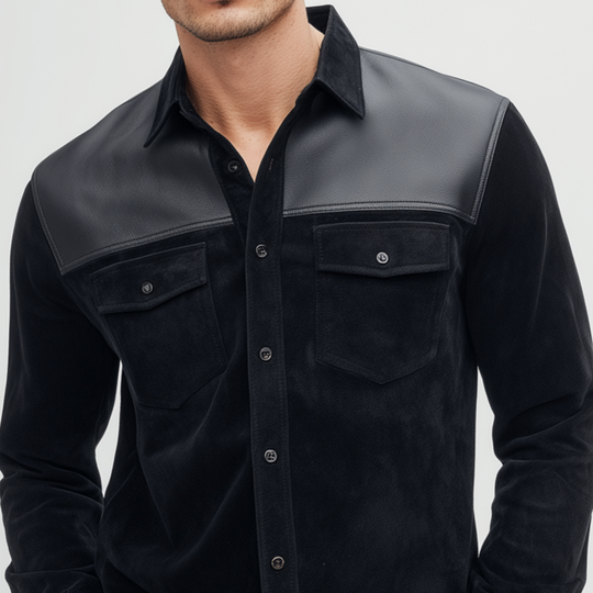 Men's Classic Casual Shoulder Stitching PU Leather Lapel Suede Long-sleeved Shirt DTT25080713