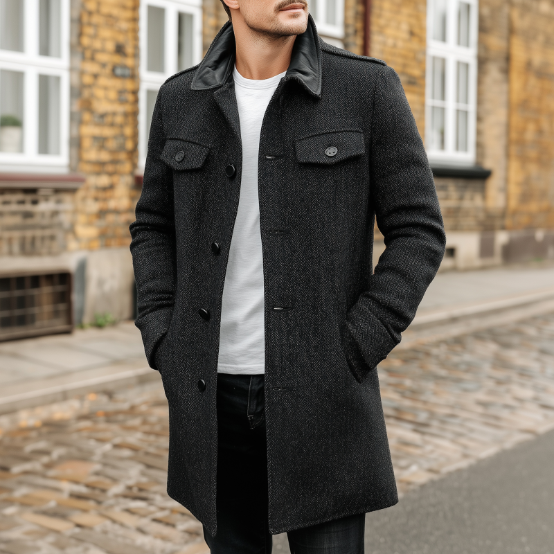 Men's Vintage Herringbone Pattern Splicing PU Lapel Single-Breasted Loose Warm Coat DTT25082506