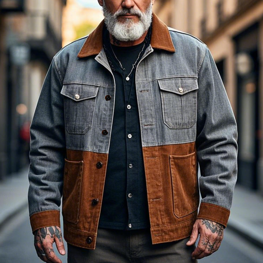 Men's Retro Casual Lapel Patchwork Denim Jacket 9903595782328