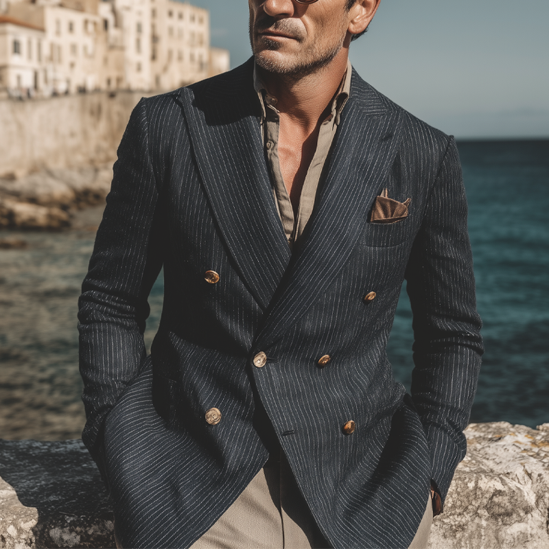 Men's Stripe Print Double Breasted Blazer DTT25071803