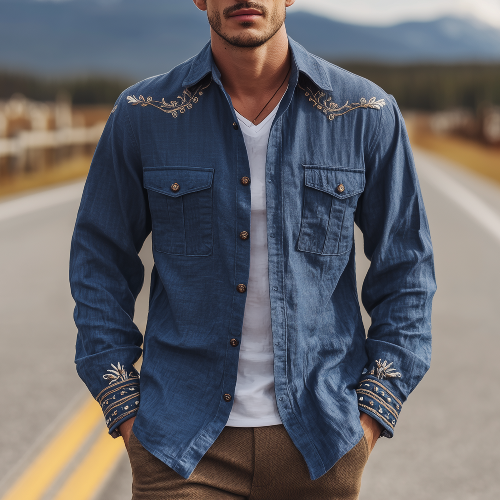 Men's Classic Casual Western Cowboy Style Embroidered Cotton And Linen Blend Long-sleeved Shirt DTT25080420