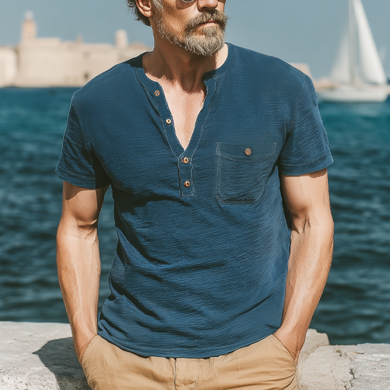 Men's Summer Classic Henley Collar Textured Short Sleeve T-Shirt DTT25070316