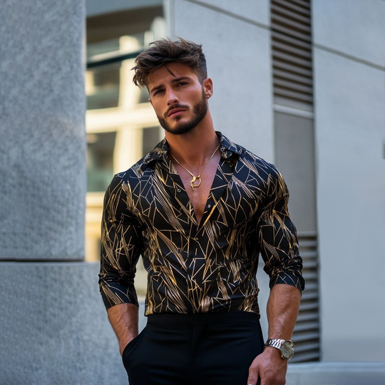 Men's Gold Geometric Print Lapel Long Sleeve Shirt DTT25062023