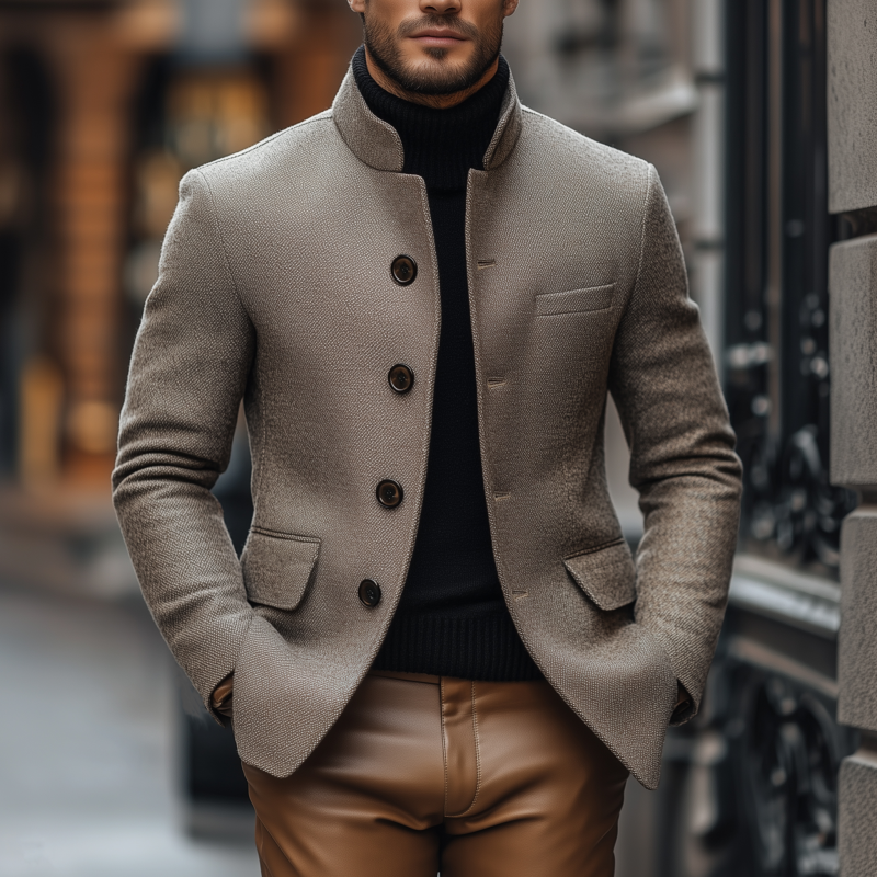 Men's Vintage Wool Blend Stand Collar Single-breasted Slim Fit Warm Blazer DTT25082206